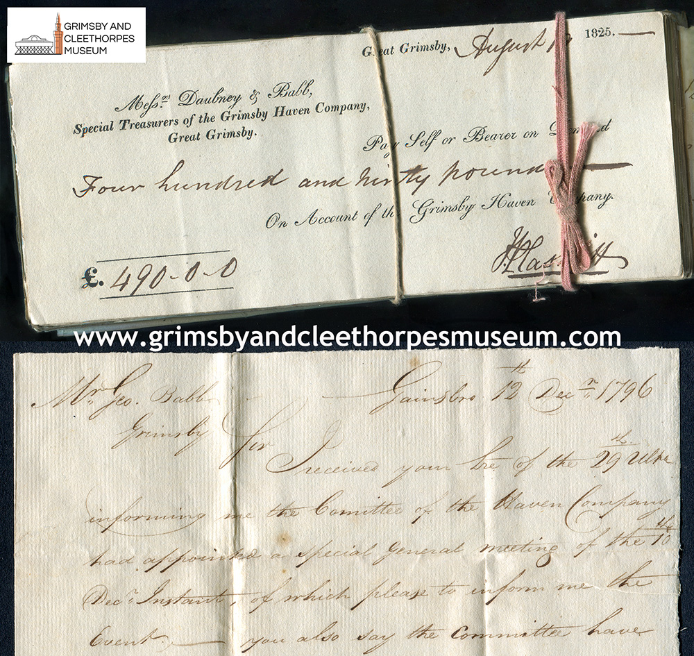 A collection of many antique Grimsby cheques and letters etc. from 1796