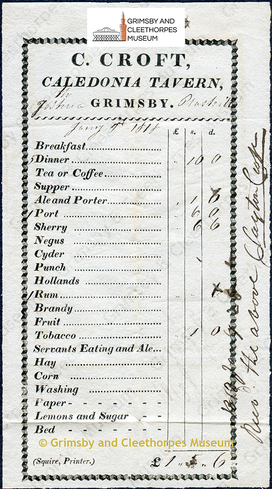 Receipt from the Caledonia Tavern, Grimsby signed by Clayton Croft 1818