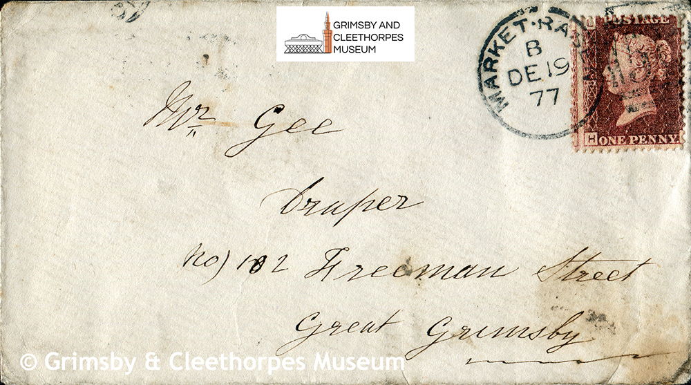 Cover (envelope) from Market Rasen addressed to Mr Gee, draper of Freeman Street, Grimsby 1877