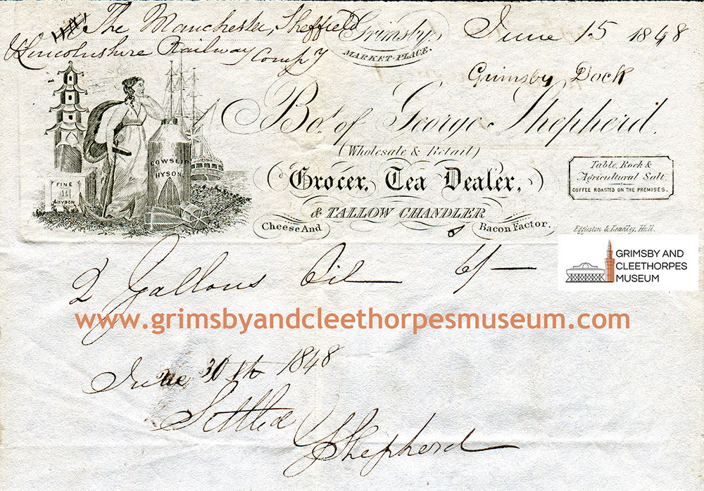 George Shepherd, Market Place, Grimsby, wholesale & retail grocer, tea dealer & tallow chandler; 1848 billhead