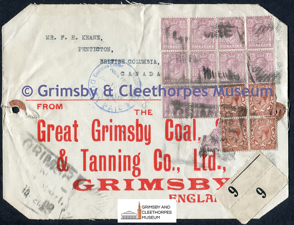 Huge ‘Great Grimsby Coal, Salt & Tanning Co. Ltd.’ parcel label addressed to Canada 1933