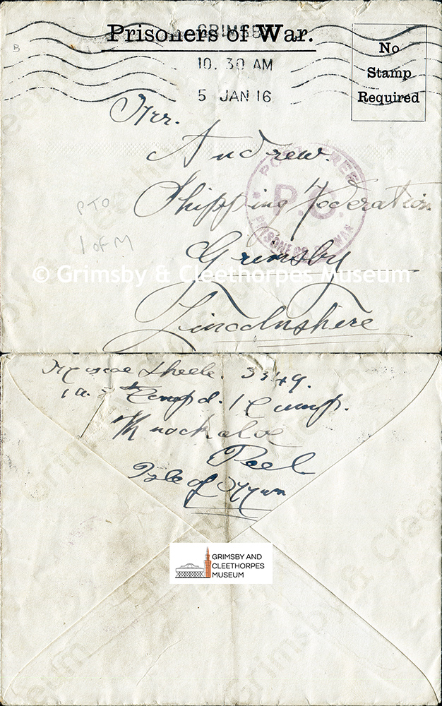 A cover sent from Knockaloe P.O.W. Camp, Isle of Man to Grimsby 1916