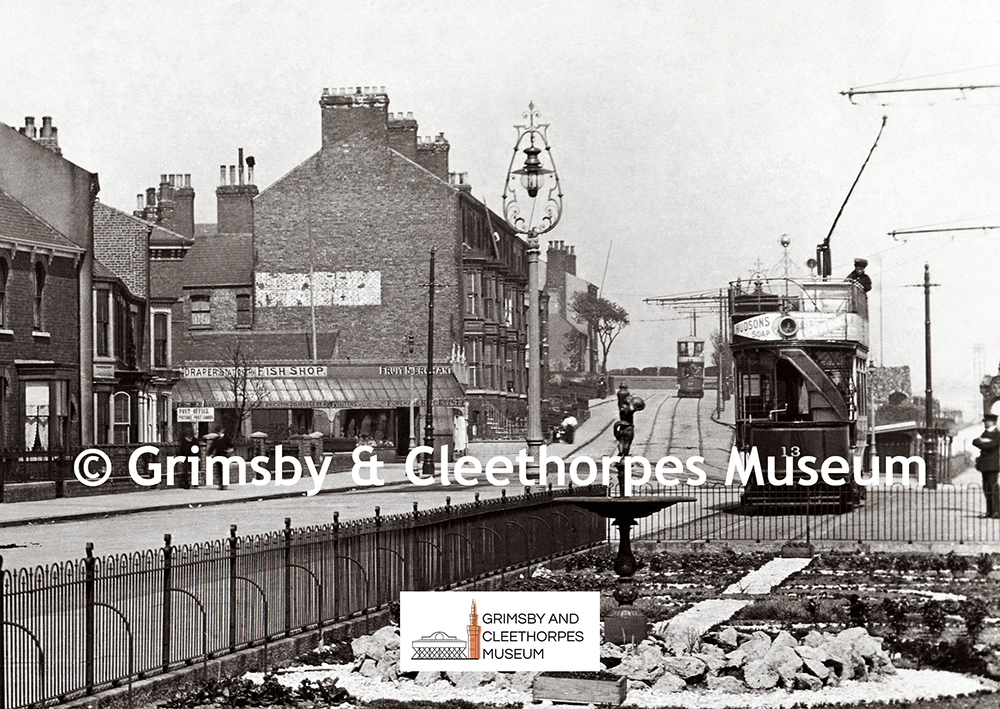 Trams on Kingsway / High Cliff Road and shops in Brighton Street, Cleethorpes c1910