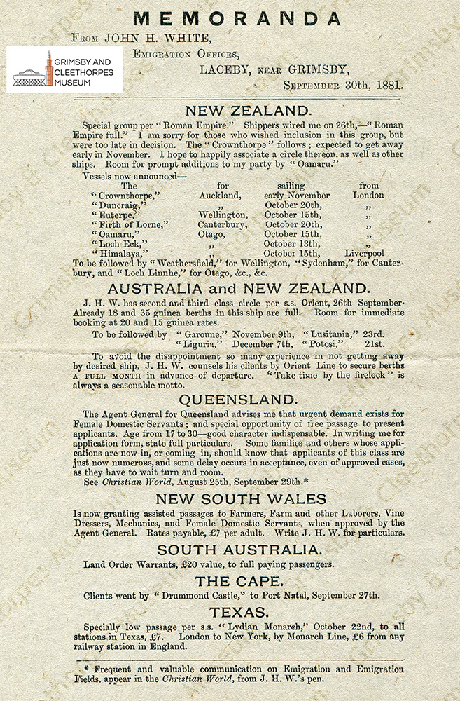 Memoranda from John H. White, Emigration Offices, Laceby 1881; of local history and international history interest