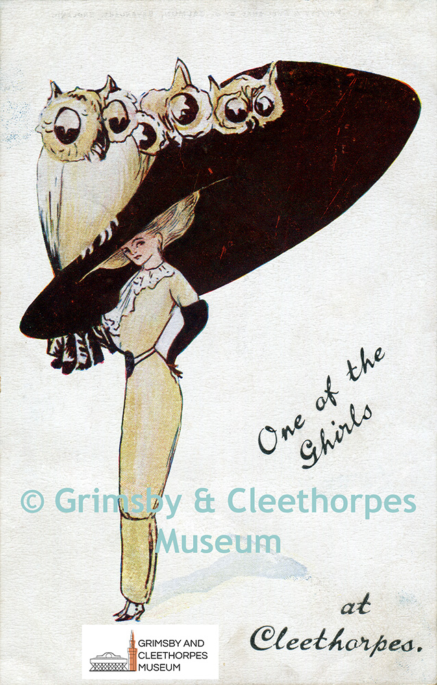 Cleethorpes postcard showing a lady with a fashionable dress and a giant hat supporting the three owls of Cleethorpes c1910