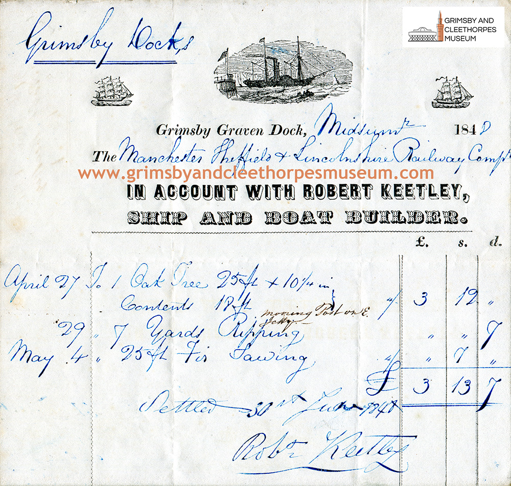 Robert Keetley, ship & boat builder, Grimsby billhead; the cost of an oak tree Midsummer 1848