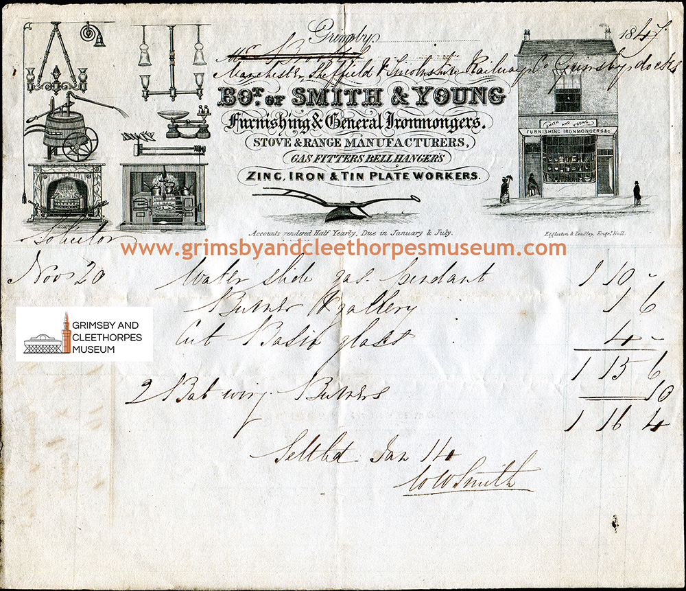 Smith & Young, ironmongers, Grimsby; receipt for gas pendant etc. bought by the MS&LR 1847