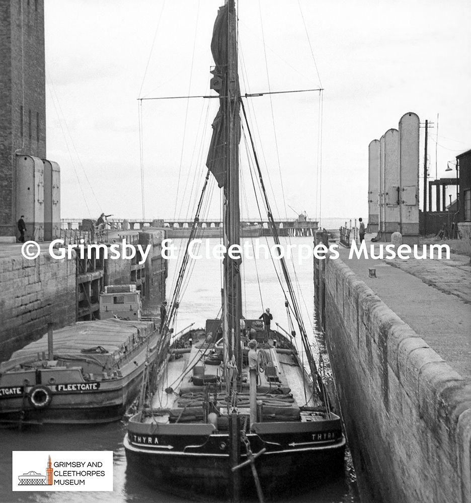 Sailing barge ‘Thyra’ (Rochester) arriving at the Royal Dock, Grimsby 1965