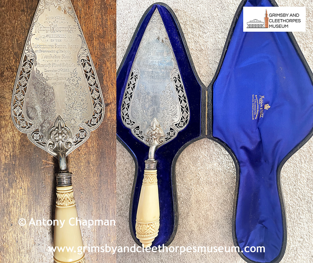 A silver trowel presented to Walwyn T. Chapman on the occasion of his laying the foundation stone of Barcroft Street Schools 1895