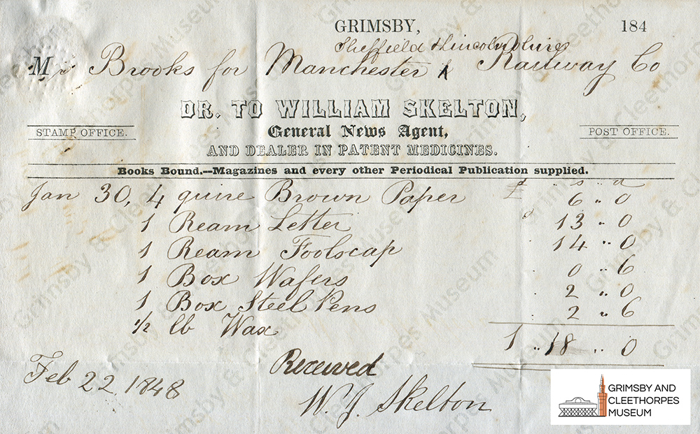 The Manchester, Sheffield and Lincolnshire Railway (MS&LR); receipt for stationery from William Skelton of Grimsby 1848