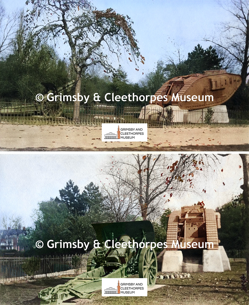 WW1 tank (‘Edna’) and German gun in People’s Park, Grimsby 1920