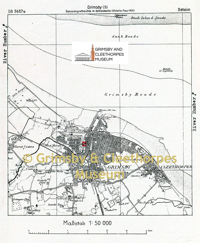 Luftwaffe target map; one Grimsby building highlighted 1940