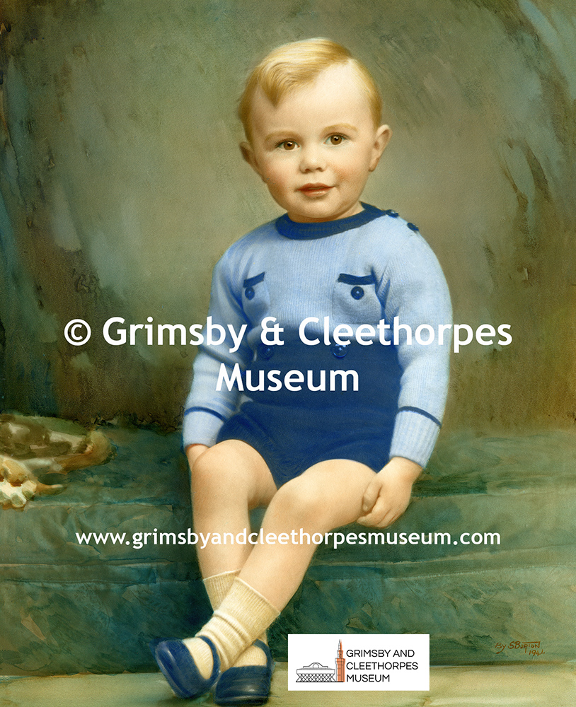 A wartime, painted photograph of a small Grimsby boy by Sid Burton 1941