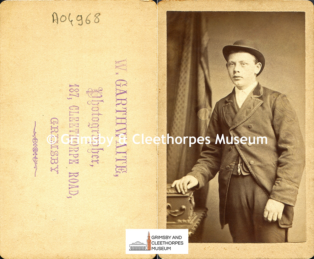A CdV portrait of a young man wearing a hat by William Garthwaite of Grimsby c1880